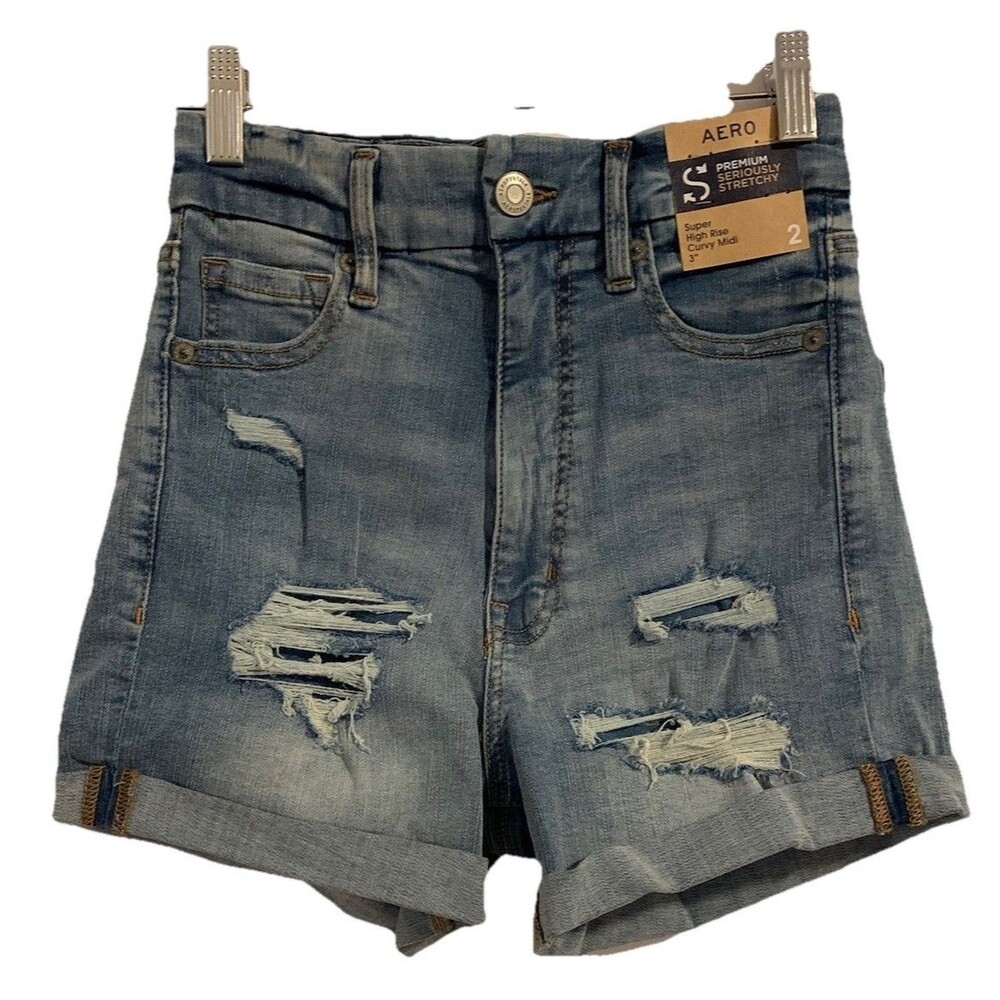 Aeropostale Jean Shorts Size 2 High Rise Curvy Midi Distressed Stretch Denim New